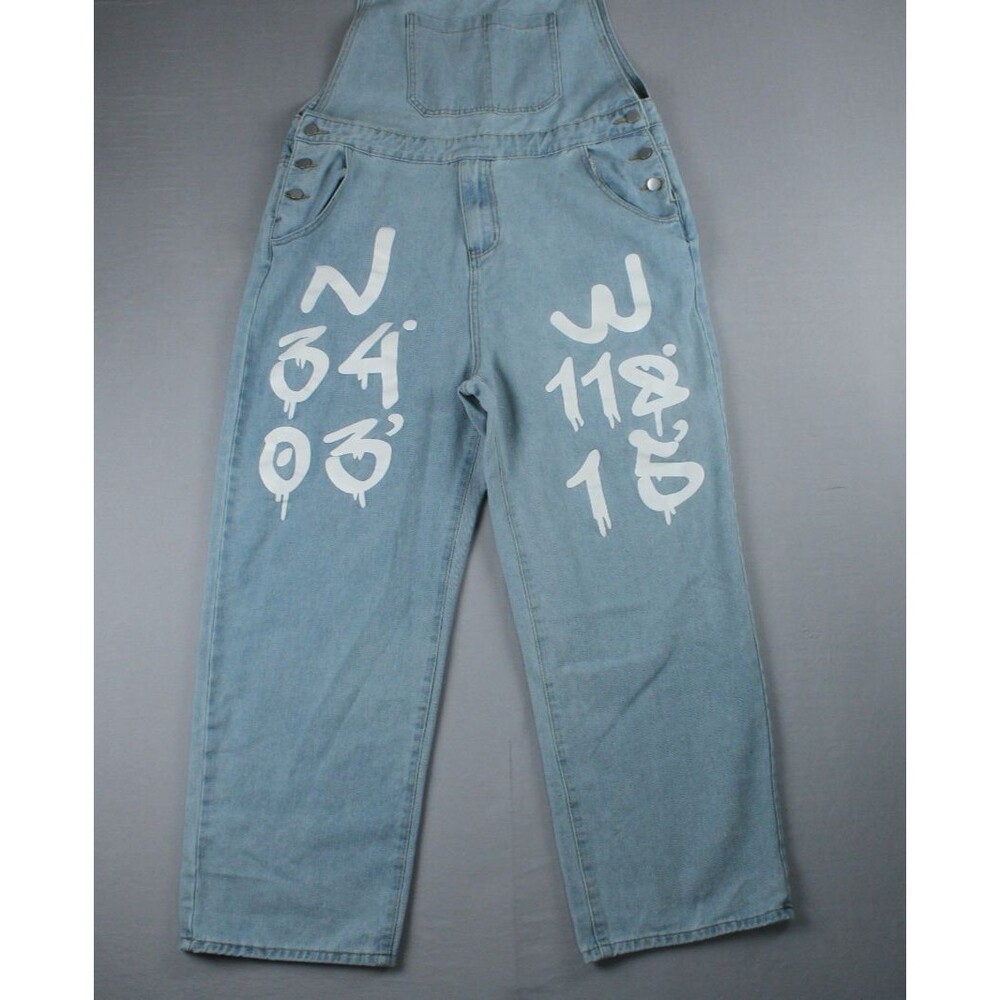 Manfinity Blue Denim Overalls White Lettering Mens XL Painted Graphic Light Wash